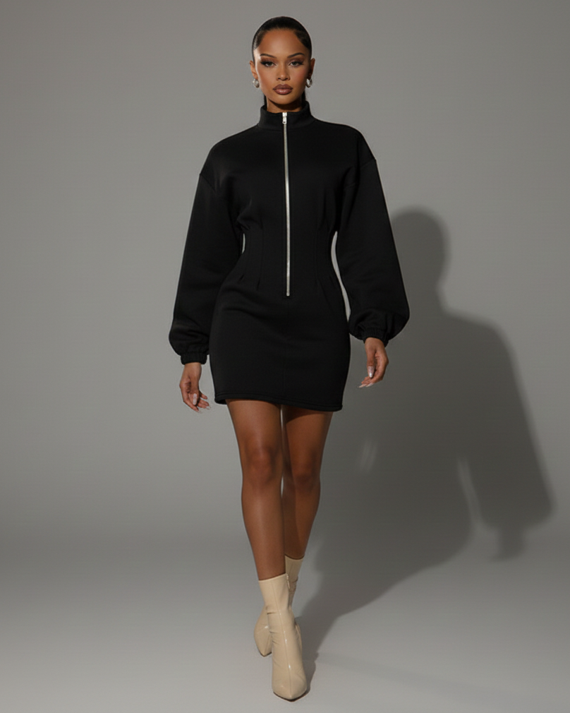 RINNA Zip Front Mock-Neck Jumper Dress