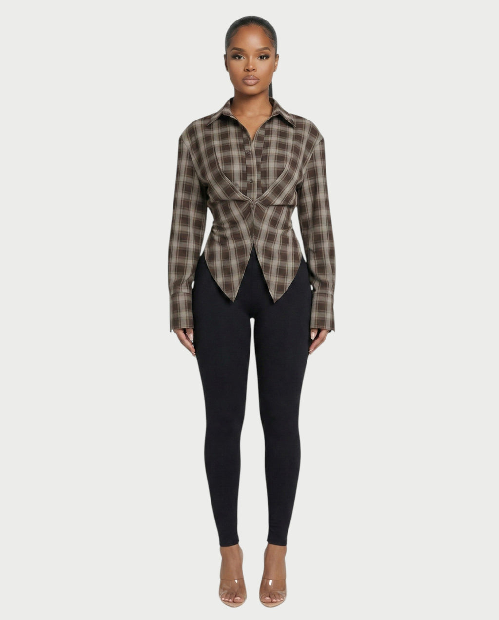 HELINA Plaid Cinched Waist Shirt Top