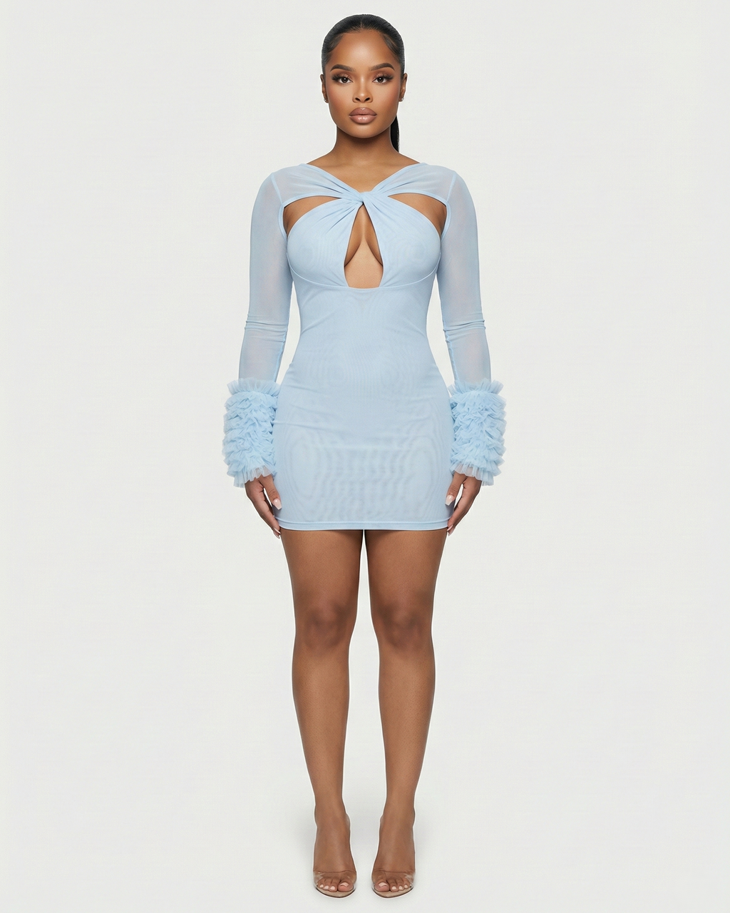 GALIENA Sheer Mesh Cutout Chiffon Cuffs Mini Dress