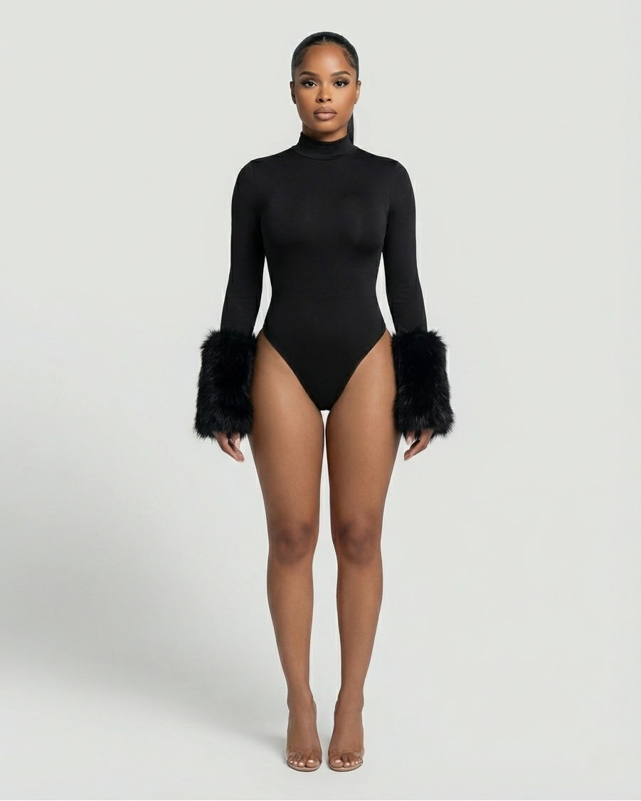 JALIYA Long-Sleeve Faux Fur Cuff Bodysuit