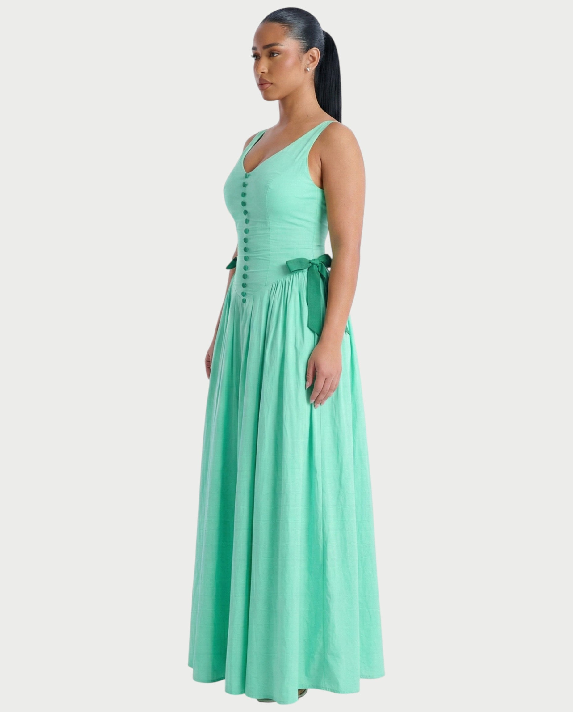 VESSIRA Ruched Button-Front Maxi Dress
