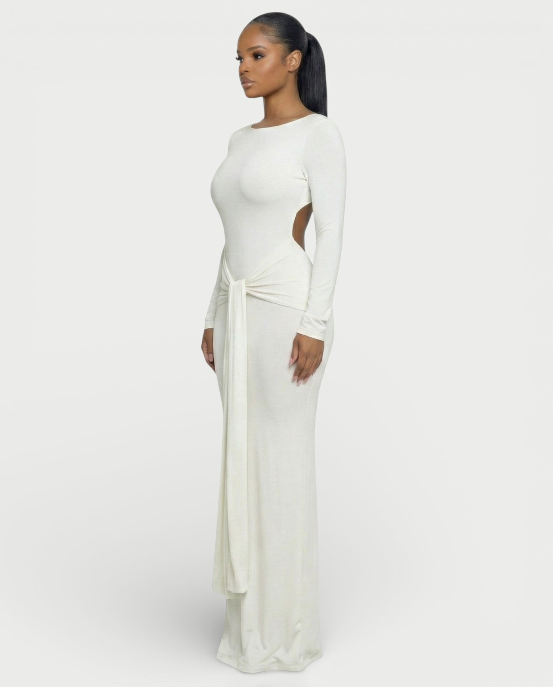RENNA Draped Front Knot Backless Maxi Dress