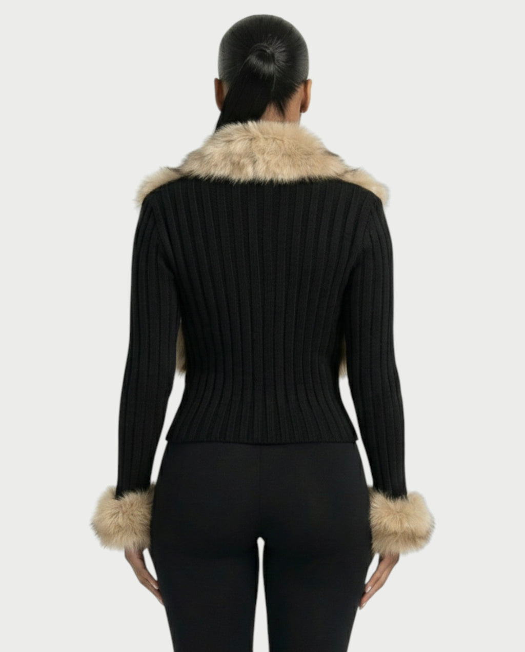 TRINAYA Faux Fur Trim Ribbed Knit Jumper