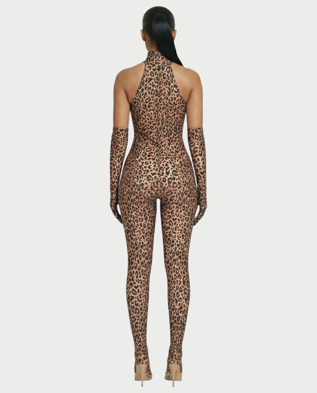 ISALINE Leopard Print High Neck Jumpsuit & Gloves Set