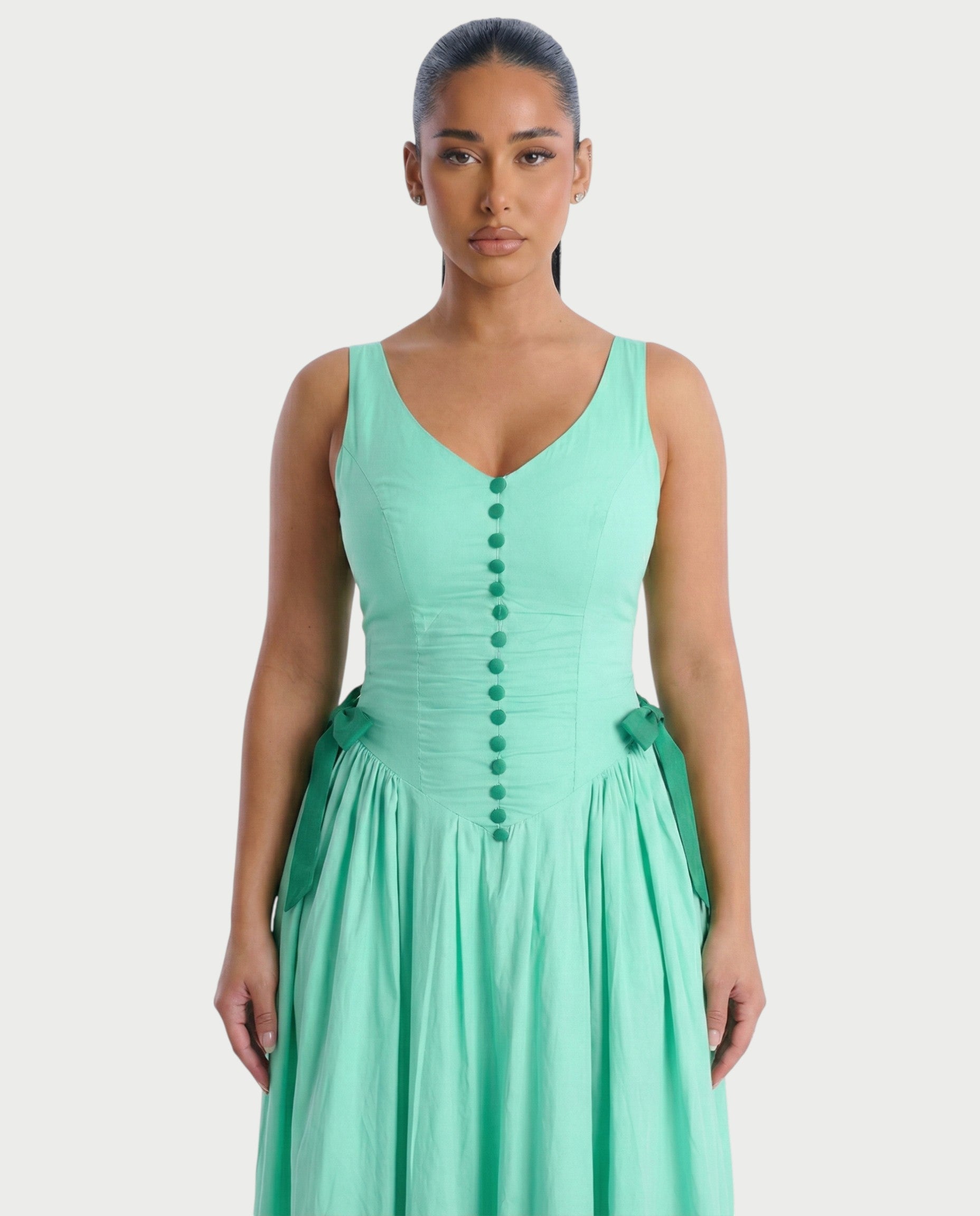 VESSIRA Ruched Button-Front Maxi Dress