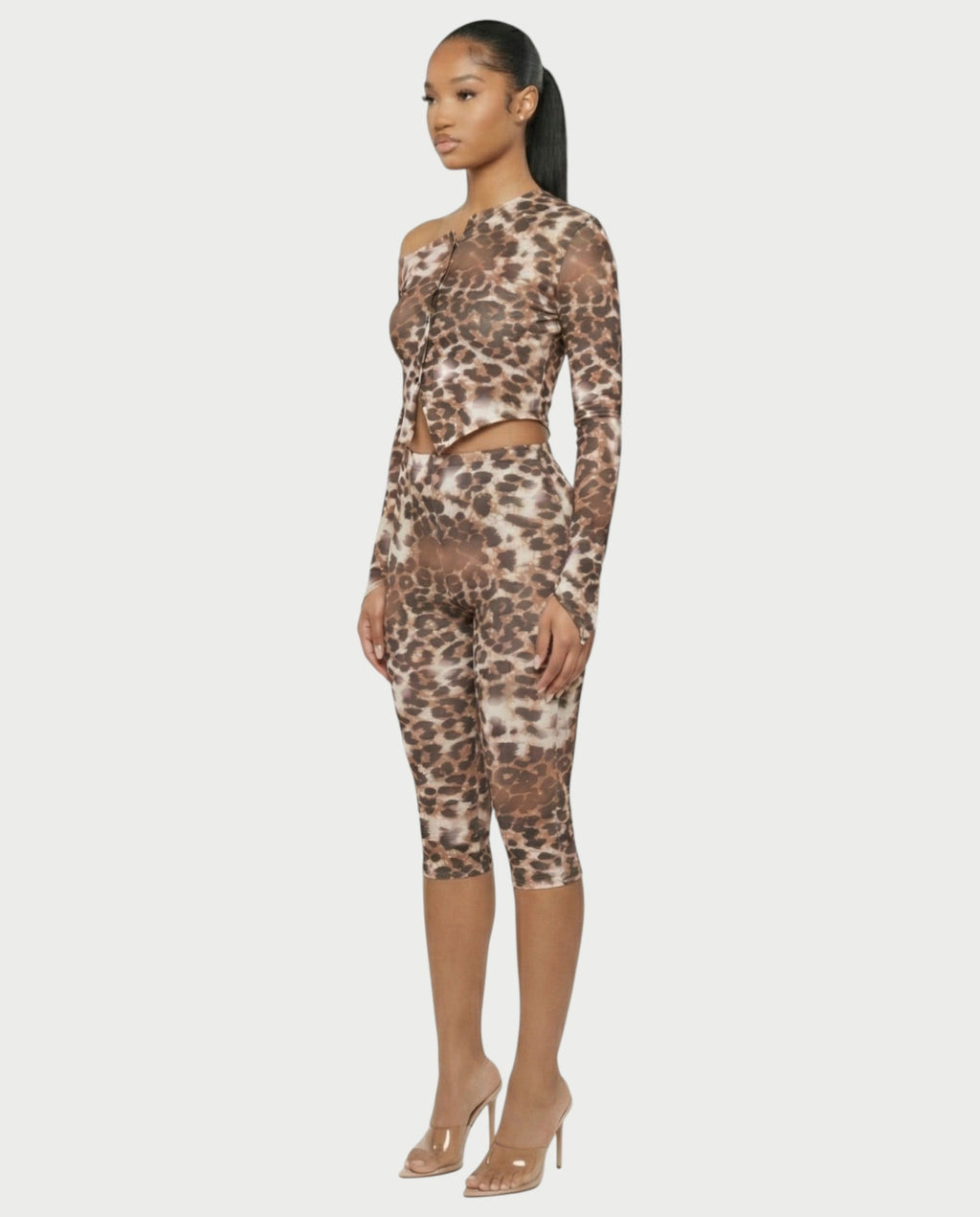 REVNA Leopard Print Asymmetrical Top & Capri Pants Set