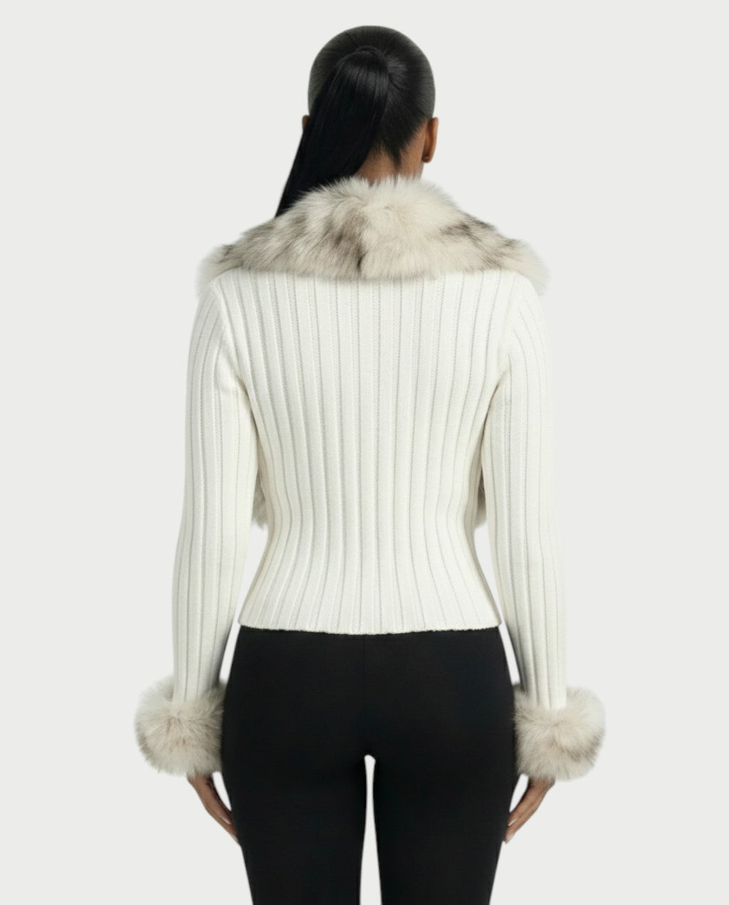 TRINAYA Faux Fur Trim Ribbed Knit Jumper