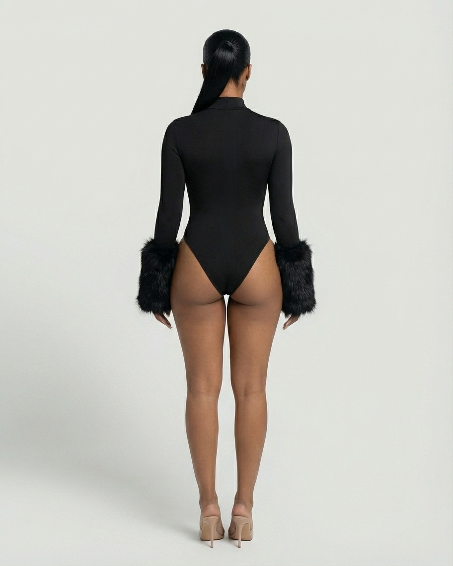 JALIYA Long-Sleeve Faux Fur Cuff Bodysuit