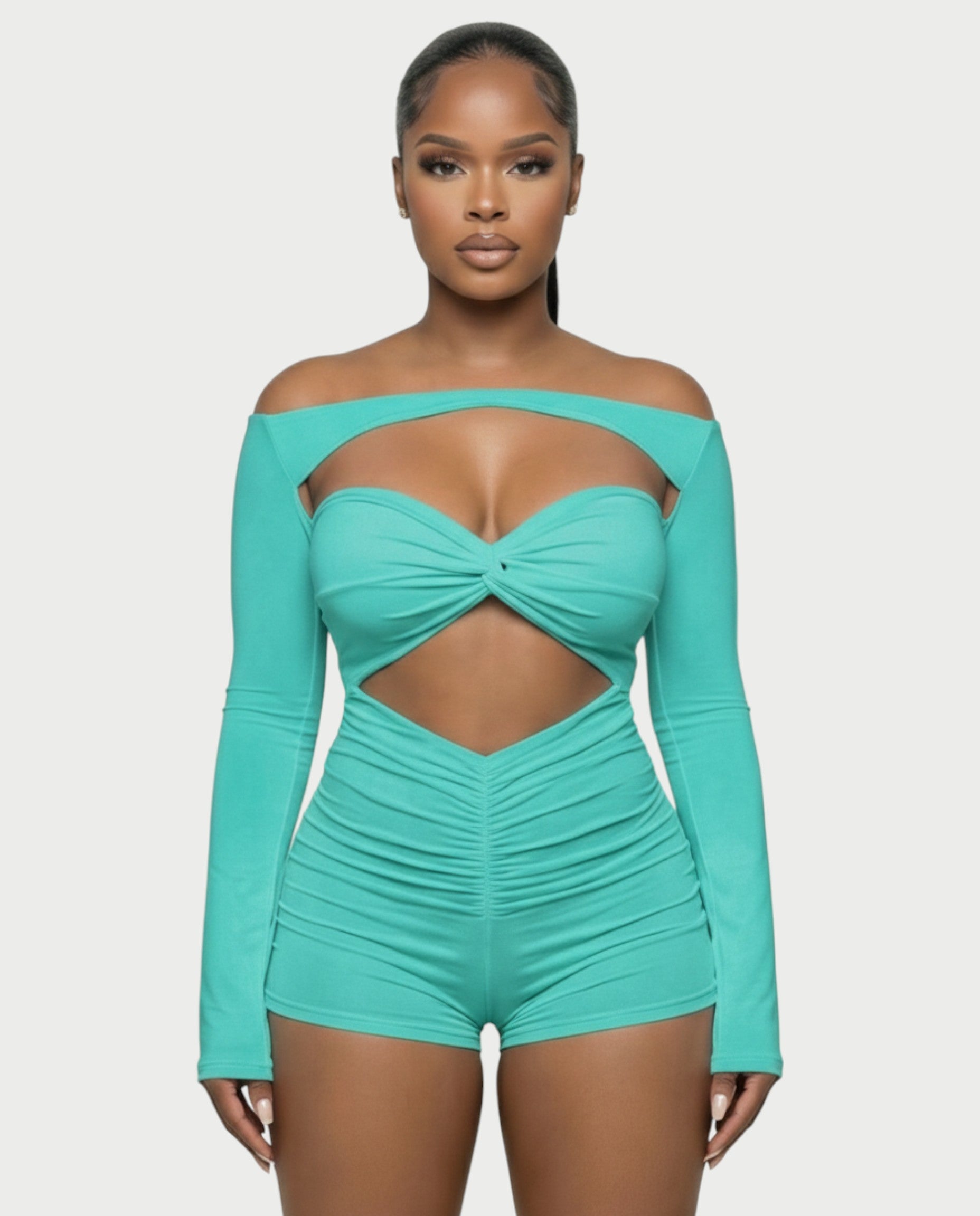 ESMERIA Off-Shoulder Cutout Ruched Romper