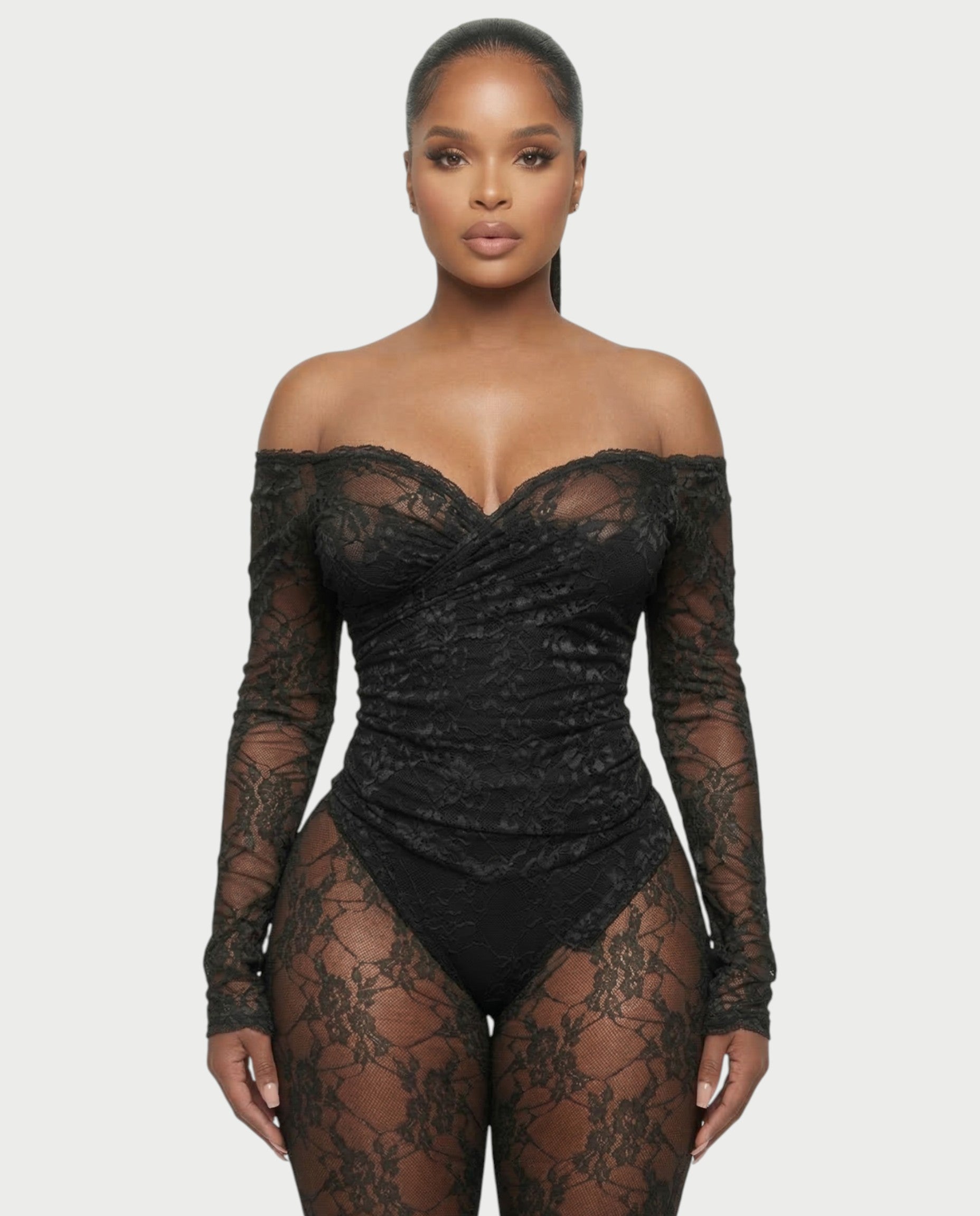 RAMILA Off-Shoulder Sheer Lace Top & Flared Pants Set