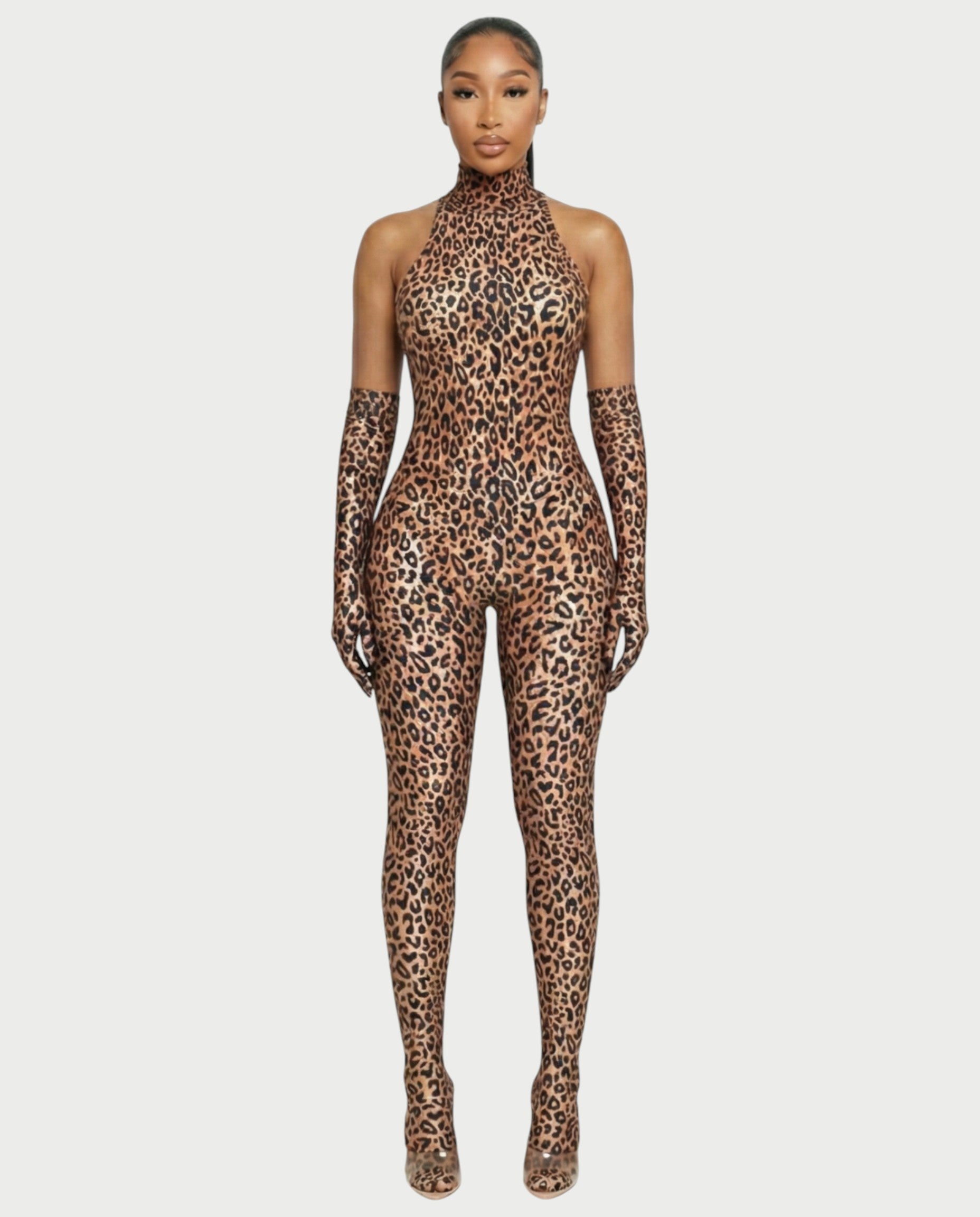 ISALINE Leopard Print High Neck Jumpsuit & Gloves Set