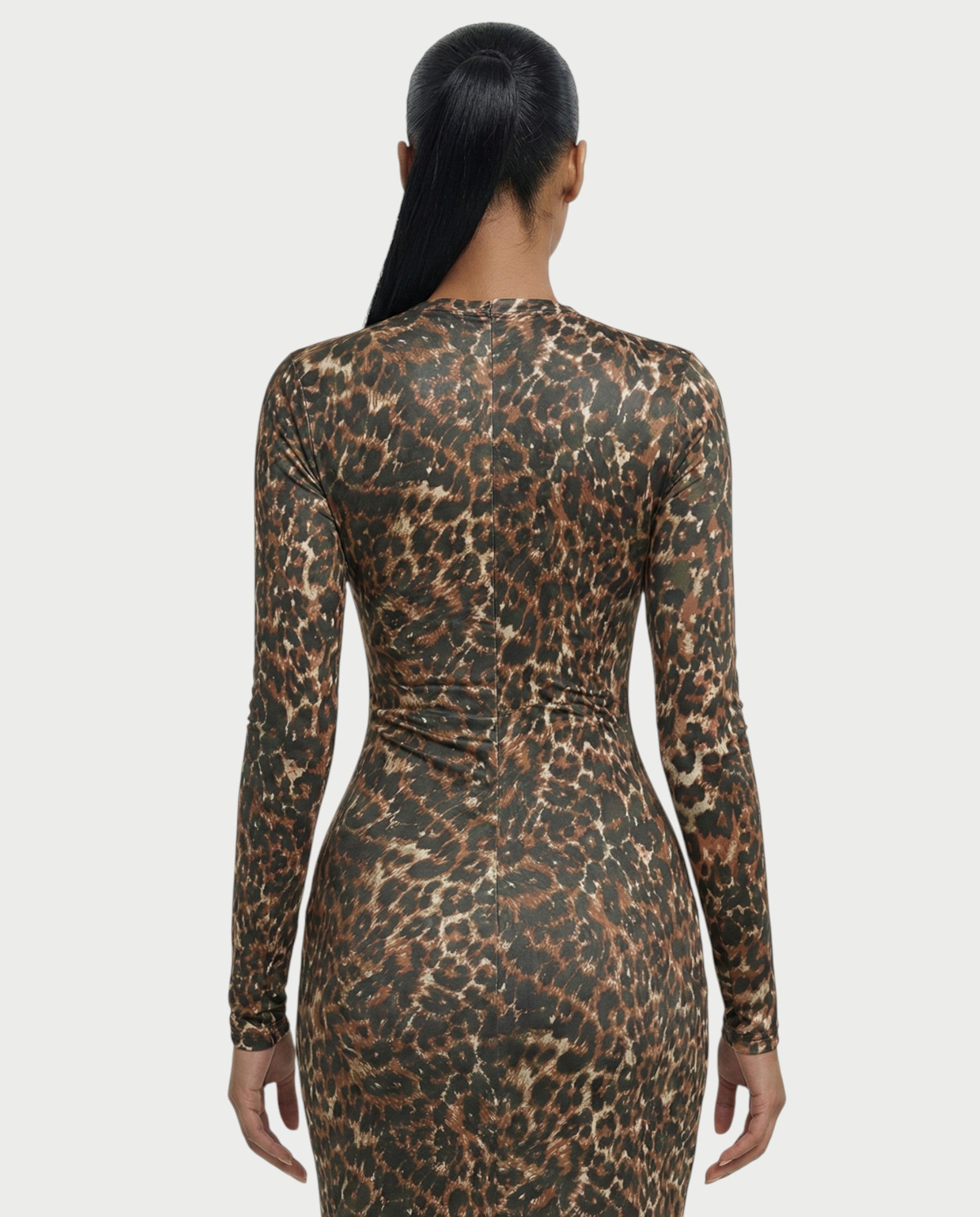 ALONA Leopard Pleated Long Sleeve Midi Dress