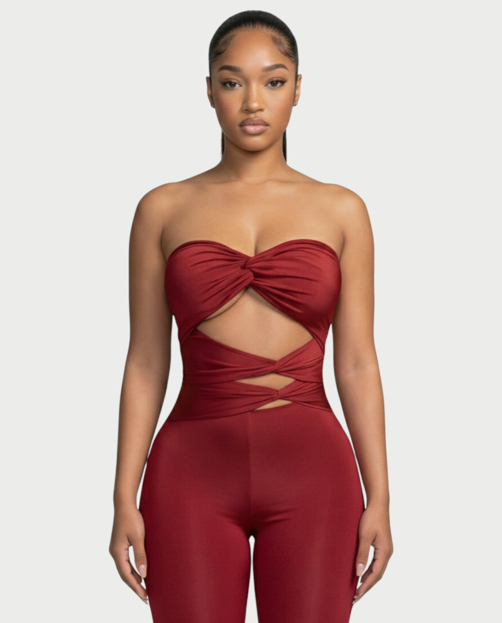 ZANIYA Strapless Twist-Front Flare Jumpsuit