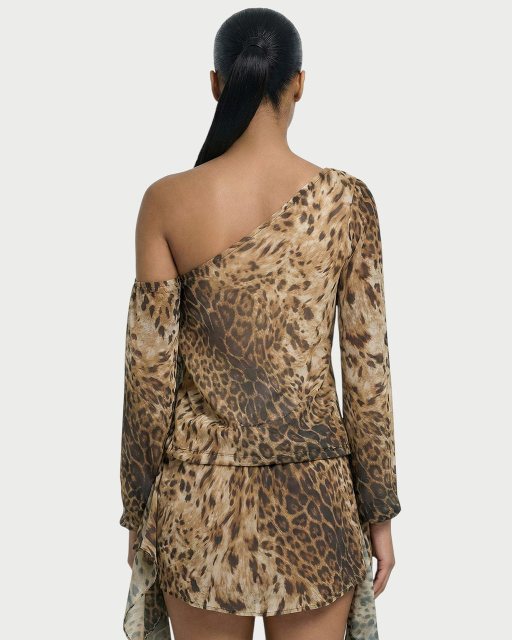 MIRENA One-Shoulder Leopard-Print Chiffon Draped Mini Dress