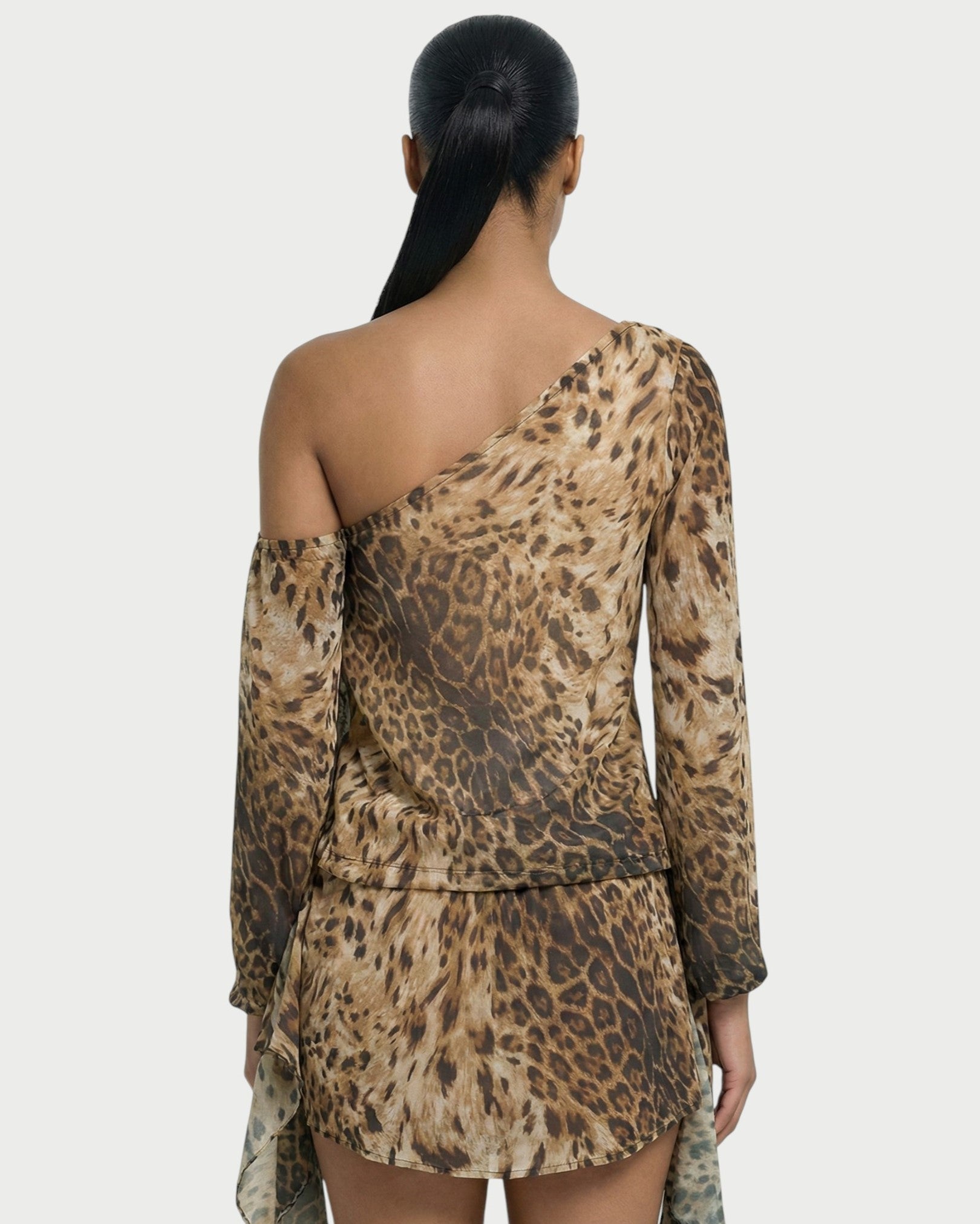 MIRENA One-Shoulder Leopard-Print Chiffon Draped Mini Dress