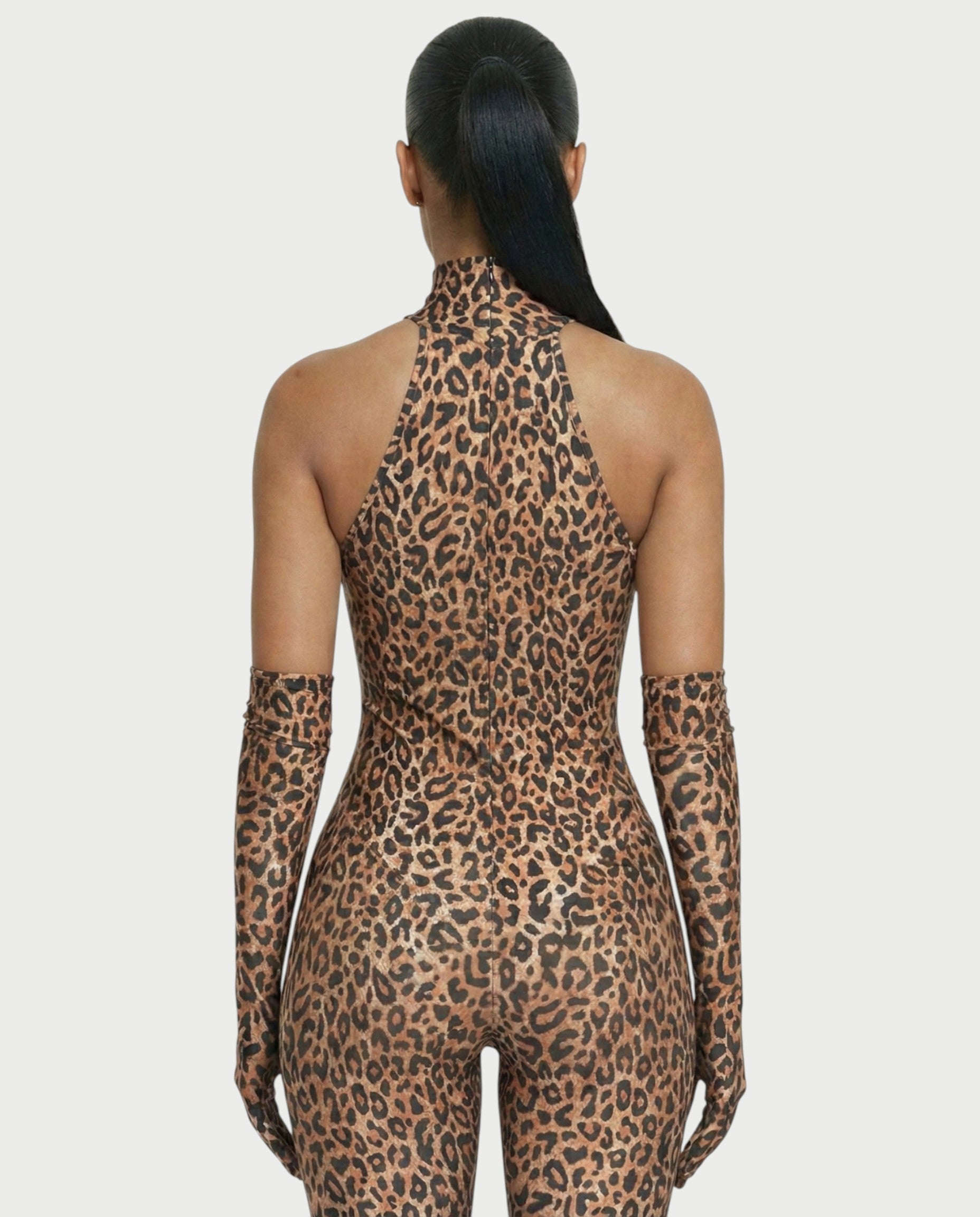 ISALINE Leopard Print High Neck Jumpsuit & Gloves Set