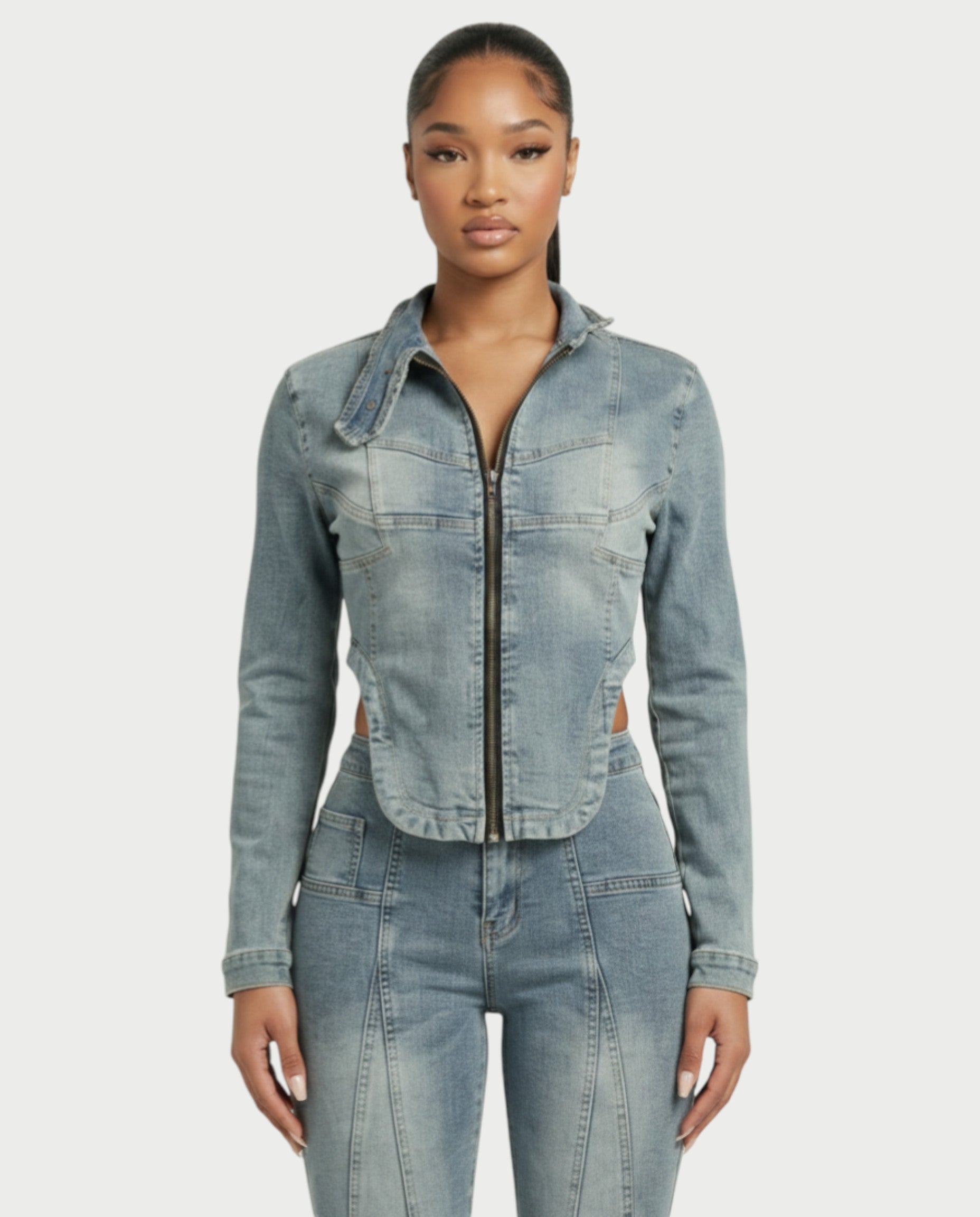 HARISHA Denim Zip-Up Top & Pants Set