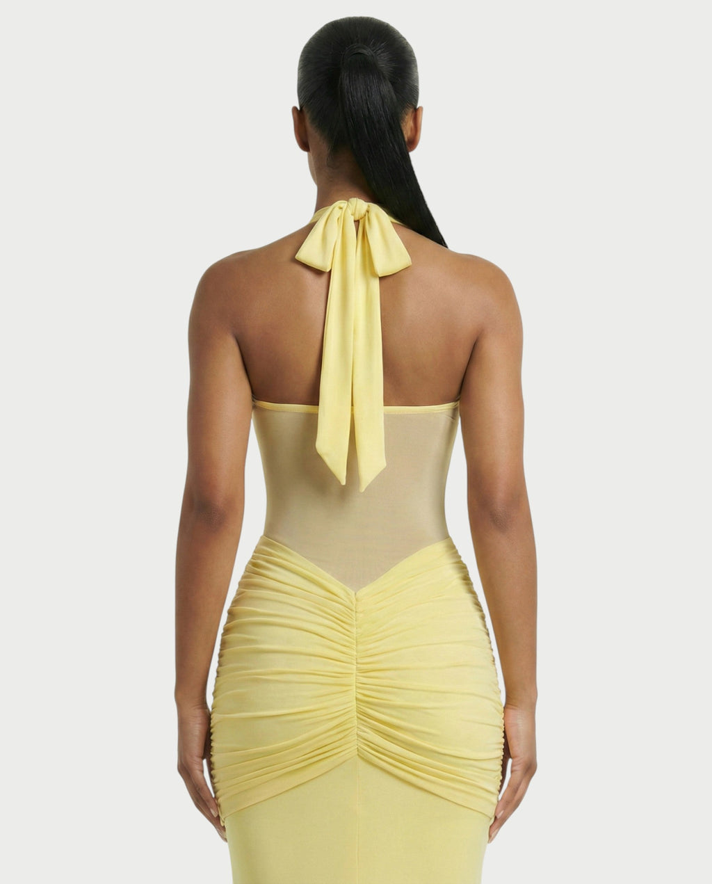 ALLEYA Halterneck Ruched Mesh Panel Maxi Dress
