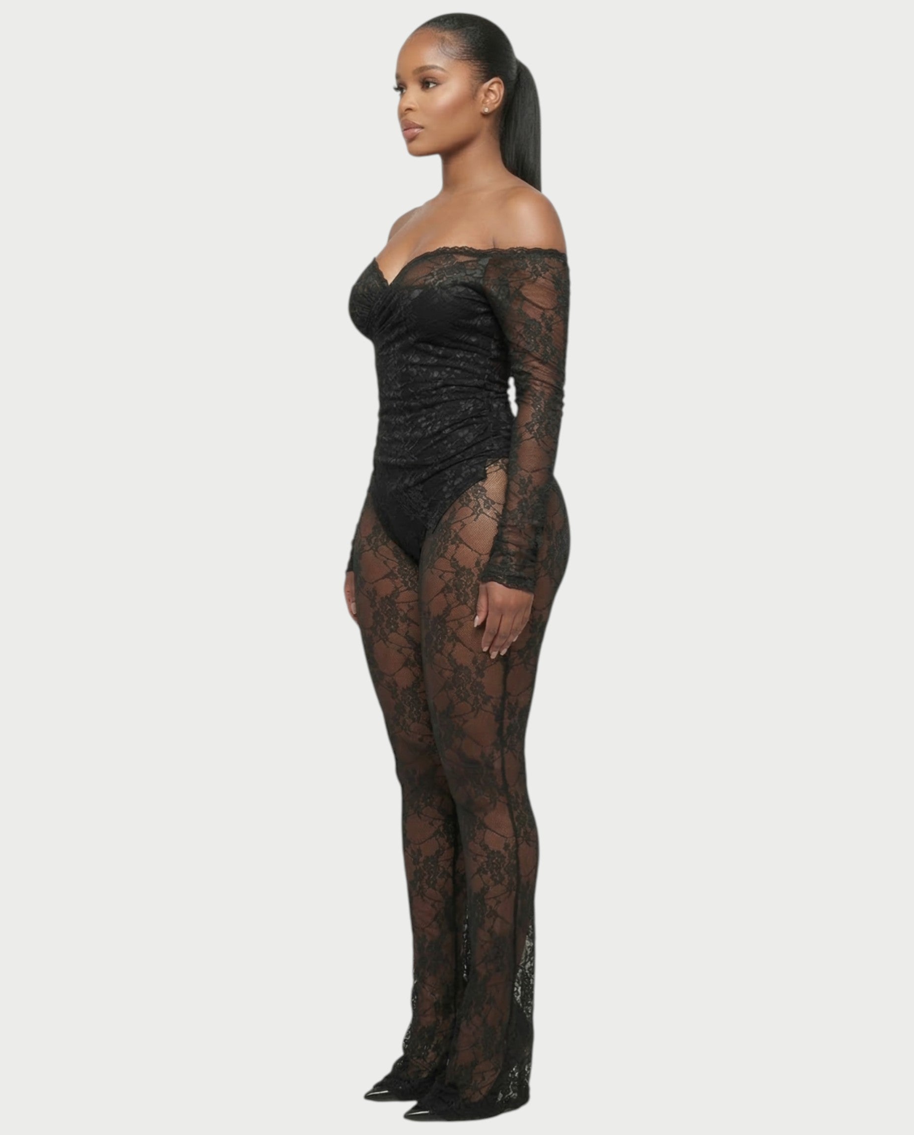 RAMILA Off-Shoulder Sheer Lace Top & Flared Pants Set