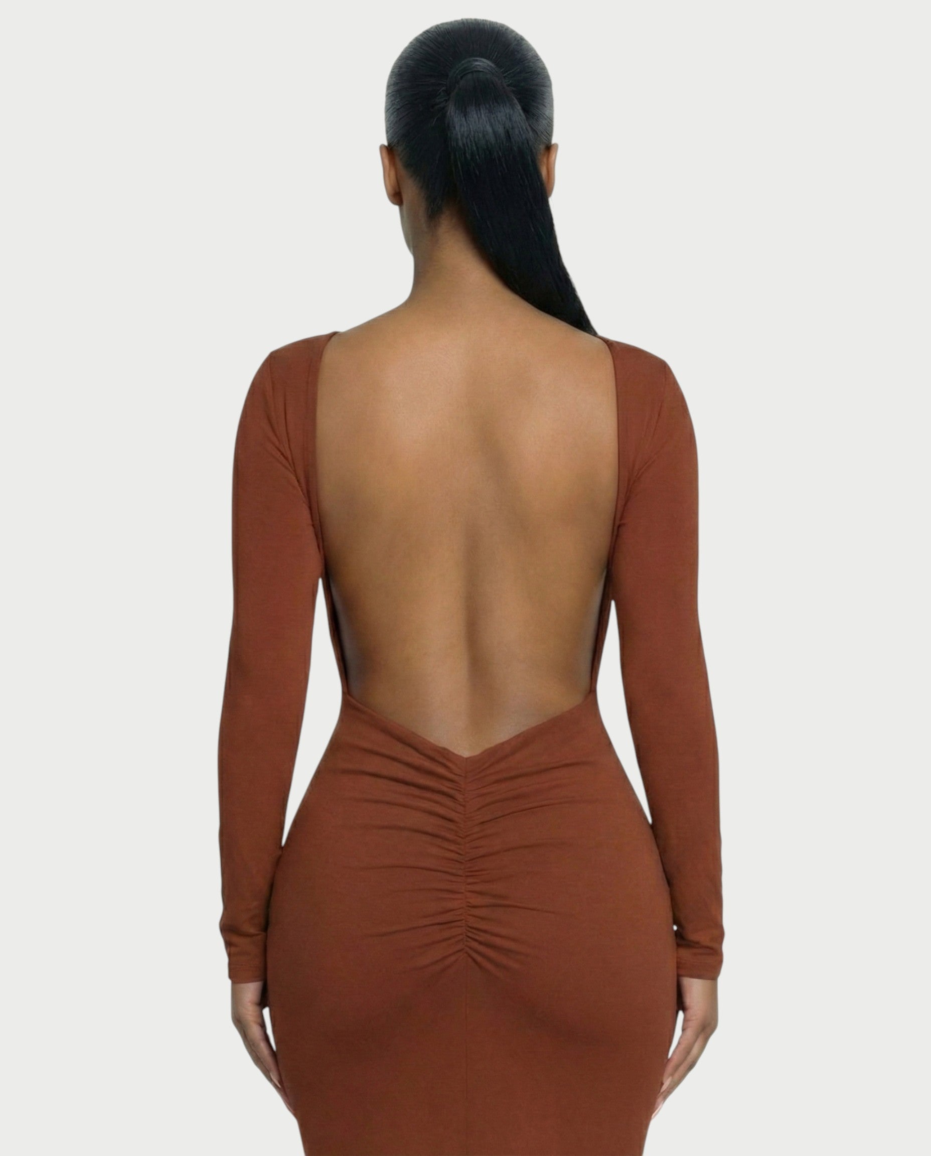 RENNA Draped Front Knot Backless Maxi Dress