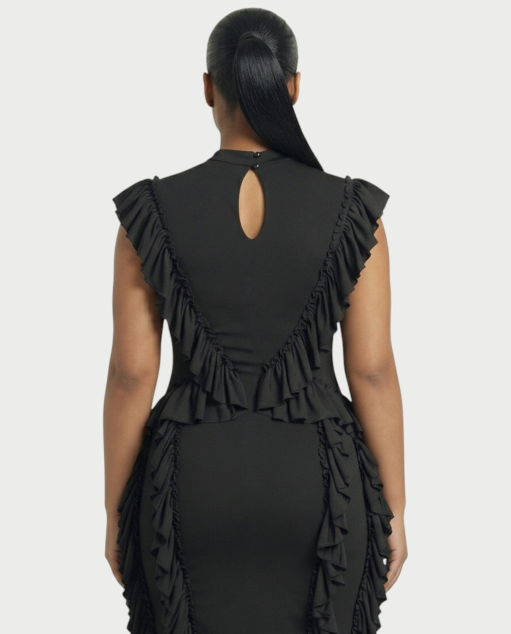 SARAYA Ruffle-Trim High Neck Bodycon Midi Dress