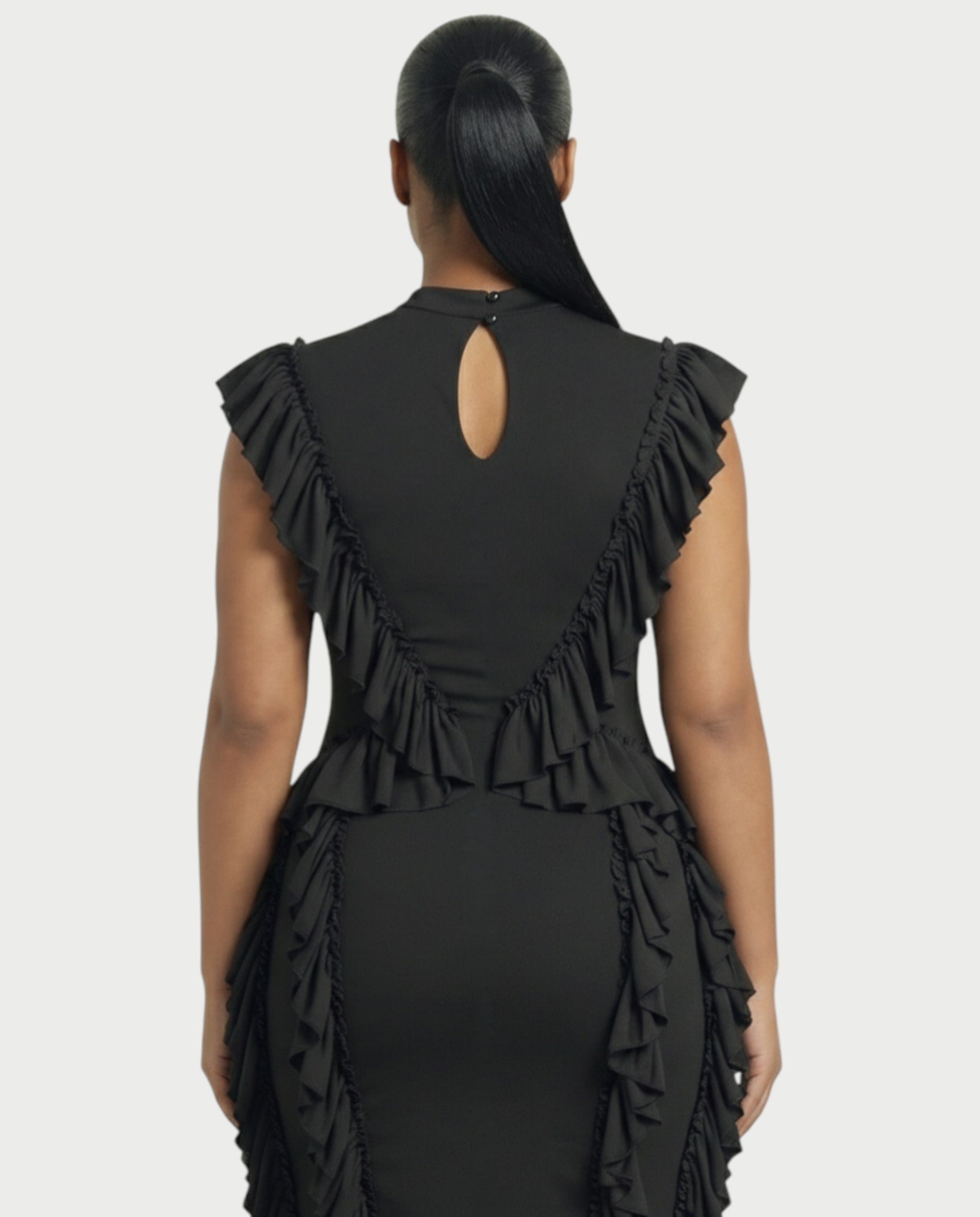 SARAYA Ruffle-Trim High Neck Bodycon Midi Dress