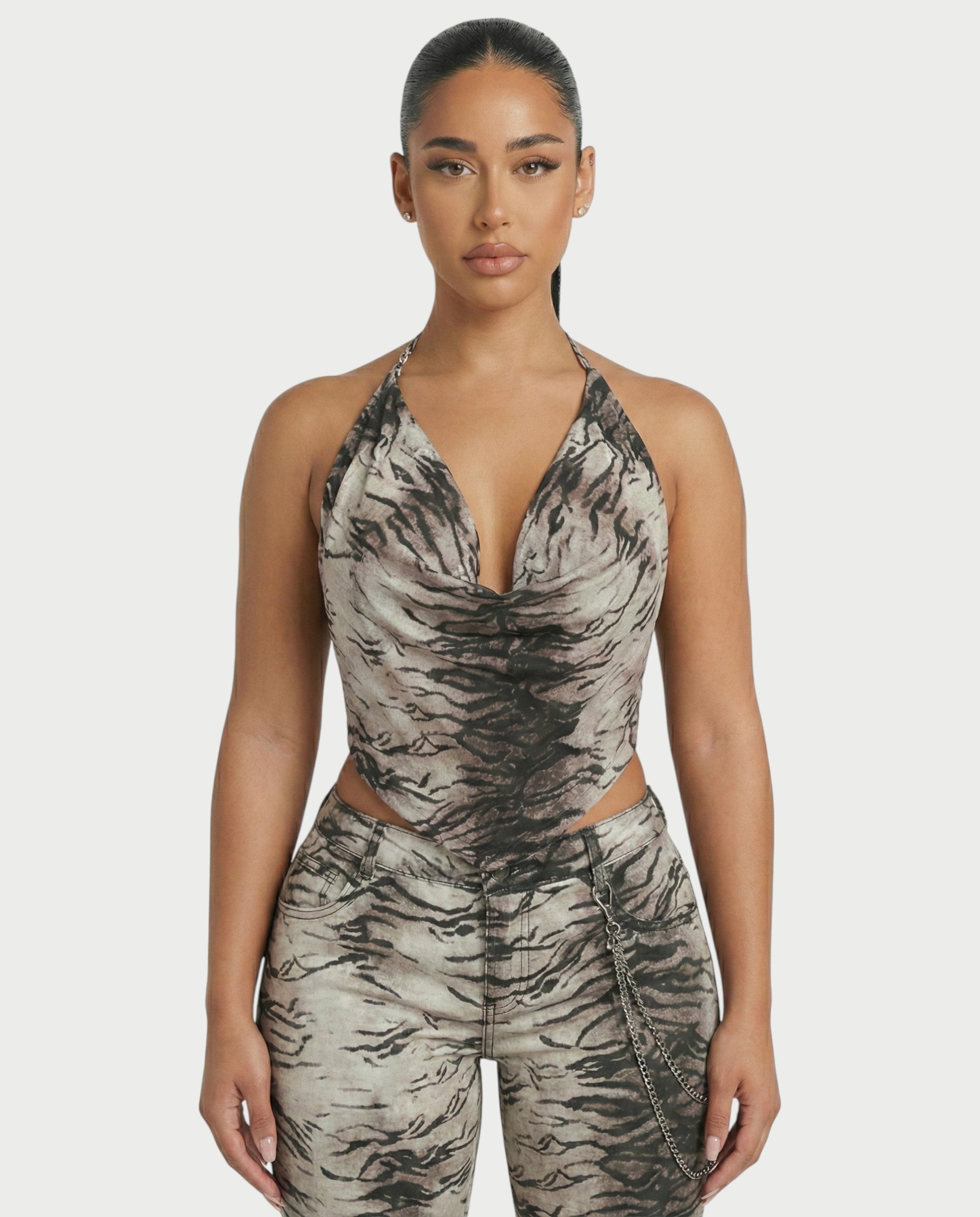VEXA Zebra Print Top and Denim Jeans Set