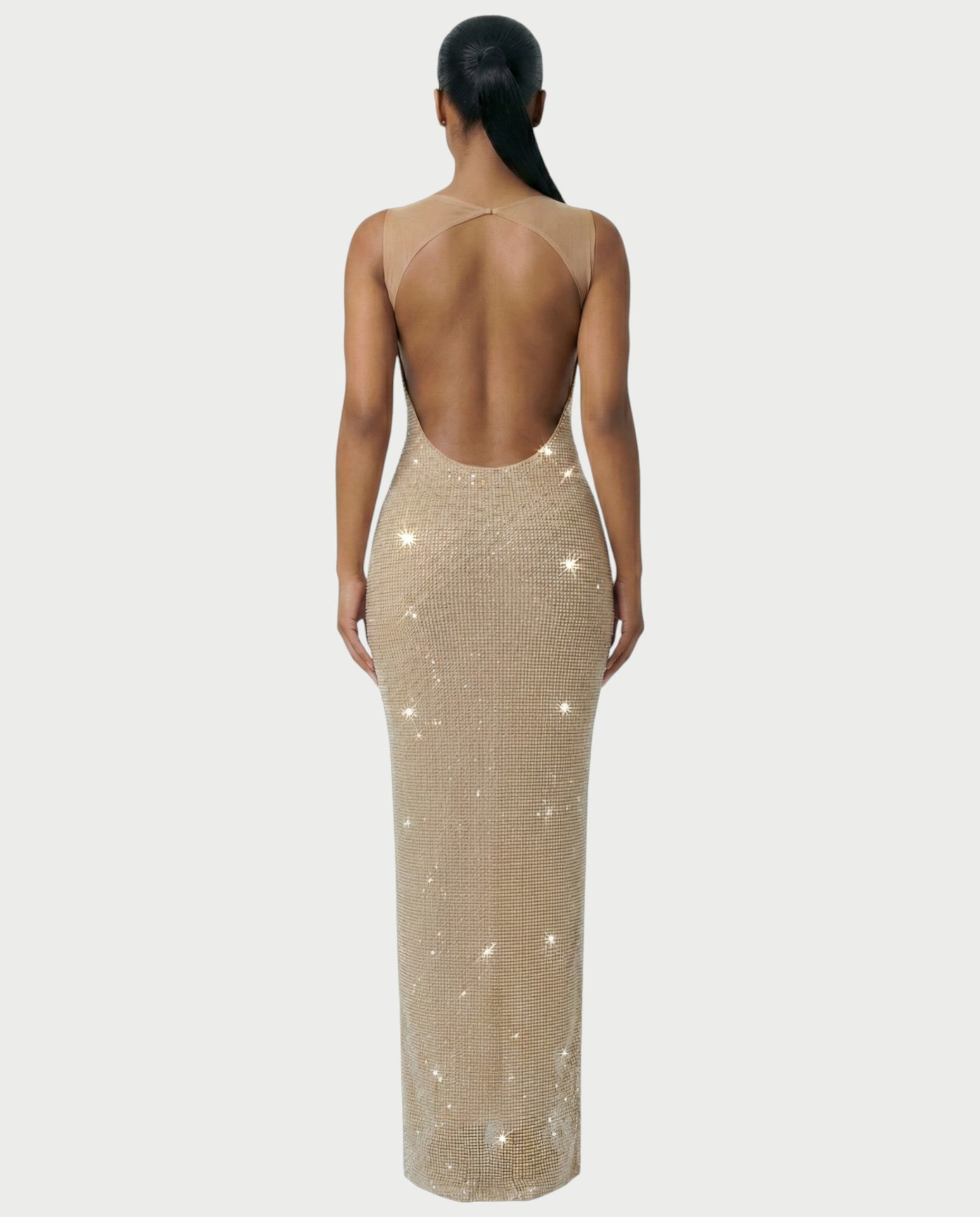 JADA Rhinestone Embelished Open-Back Maxi Dress