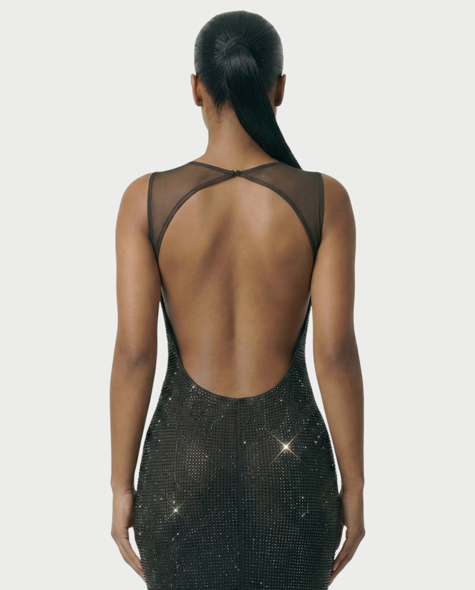JADA Rhinestone Embelished Open-Back Maxi Dress
