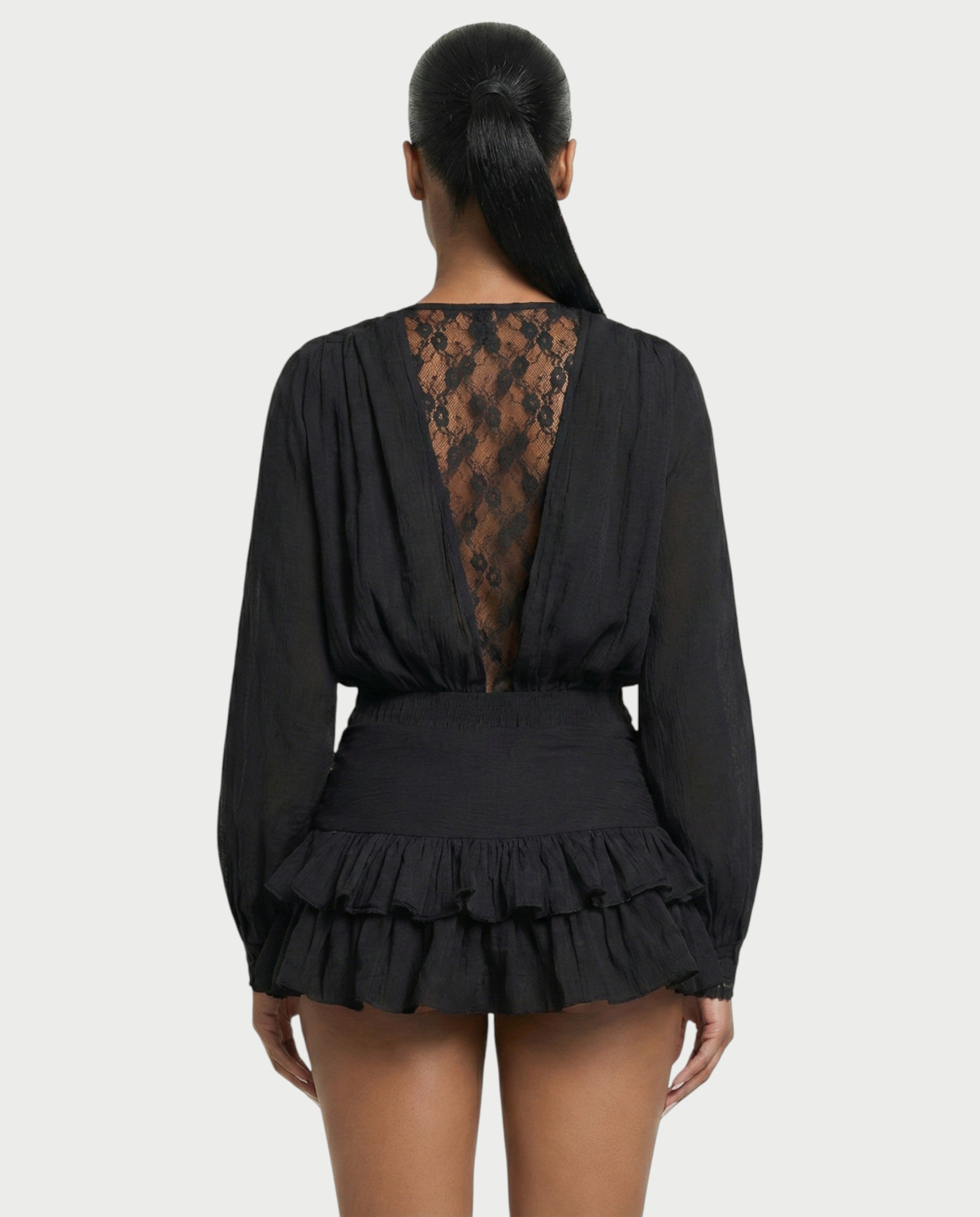 LORIELLE Sheer Lace-Trim V-Neck Chiffon Mini Dress