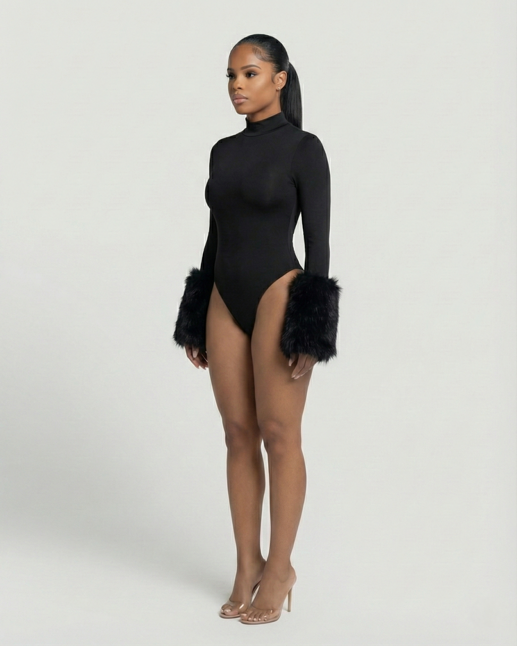 JALIYA Long-Sleeve Faux Fur Cuff Bodysuit