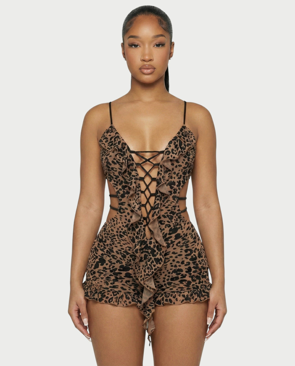 NYLA Leopard Velvet Ruffle Romper