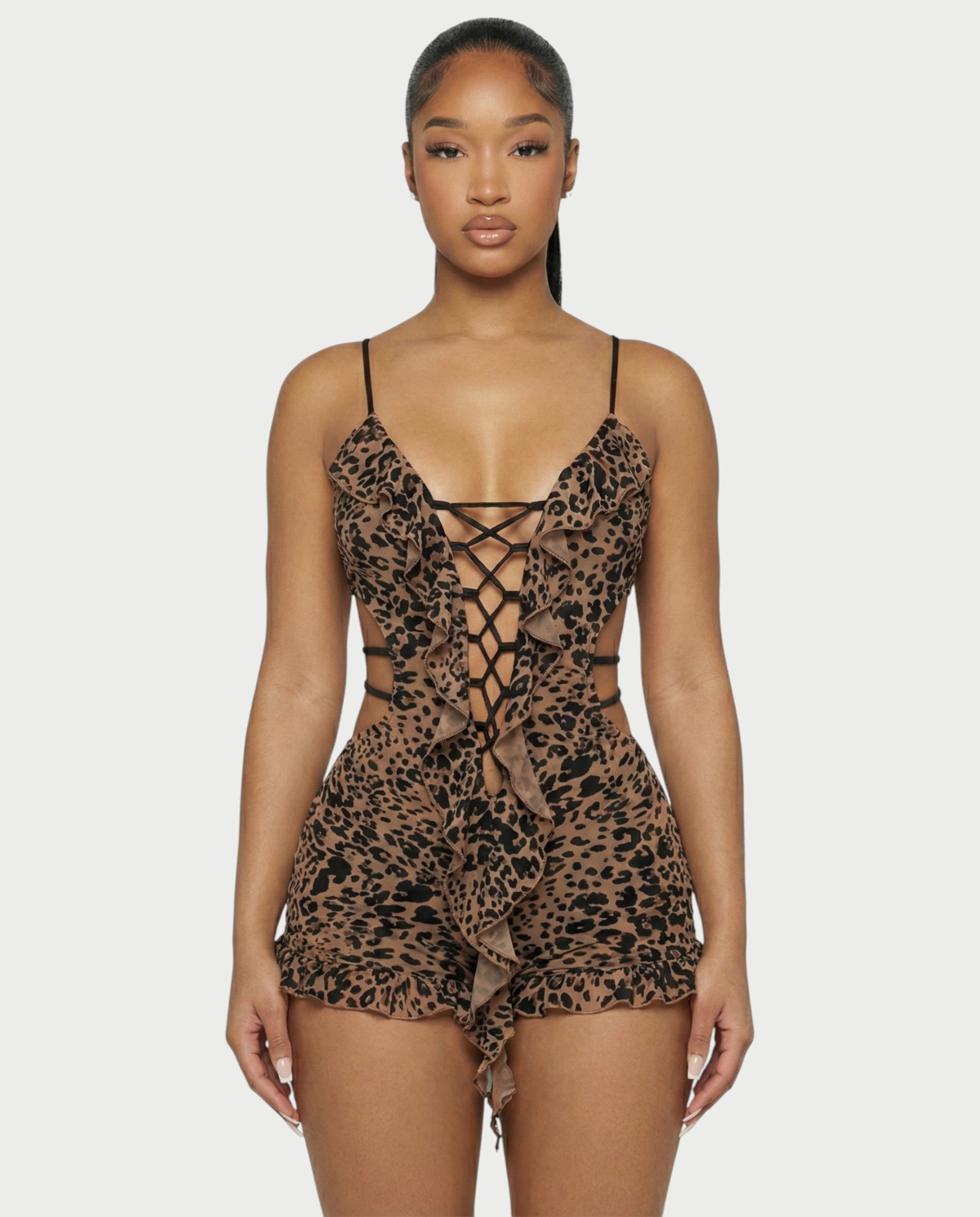 NYLA Leopard Velvet Ruffle Romper