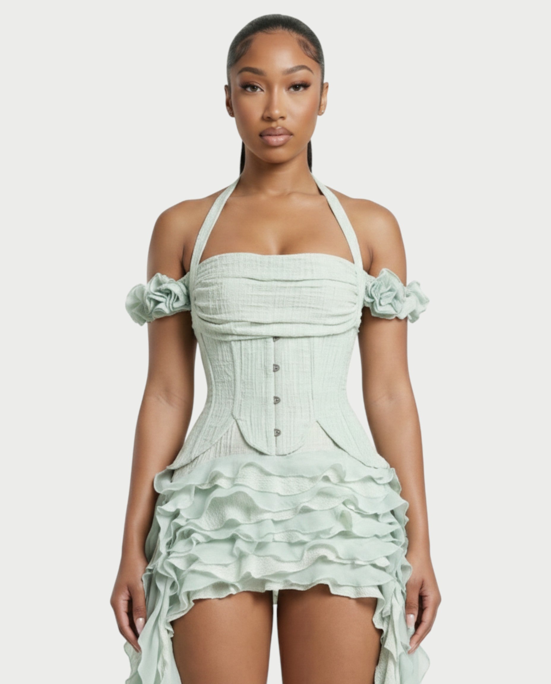 VALORIA Corset Ruffle Hem Mini Dress