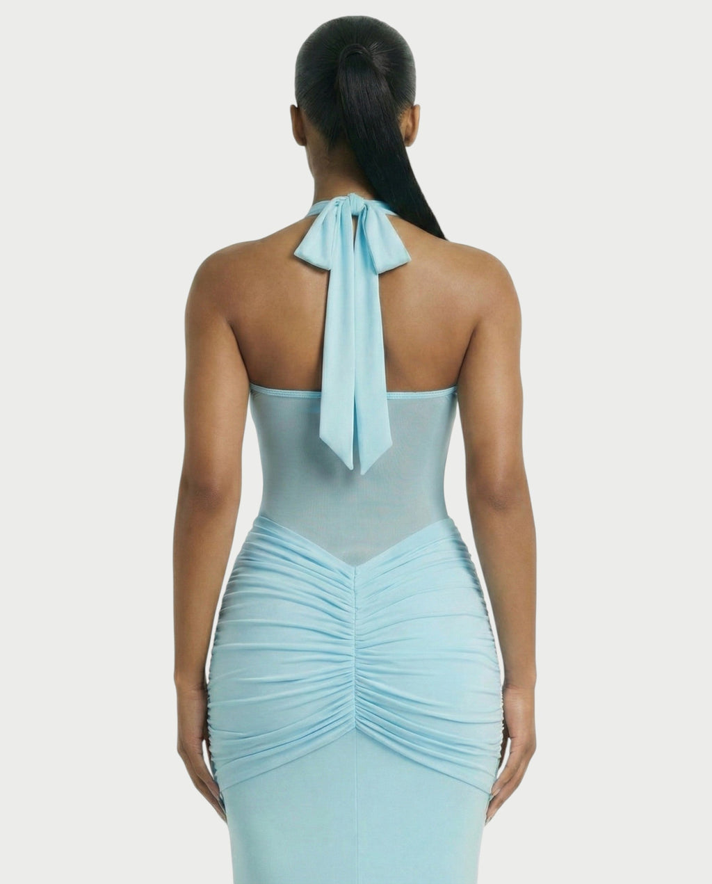 ALLEYA Halterneck Ruched Mesh Panel Maxi Dress