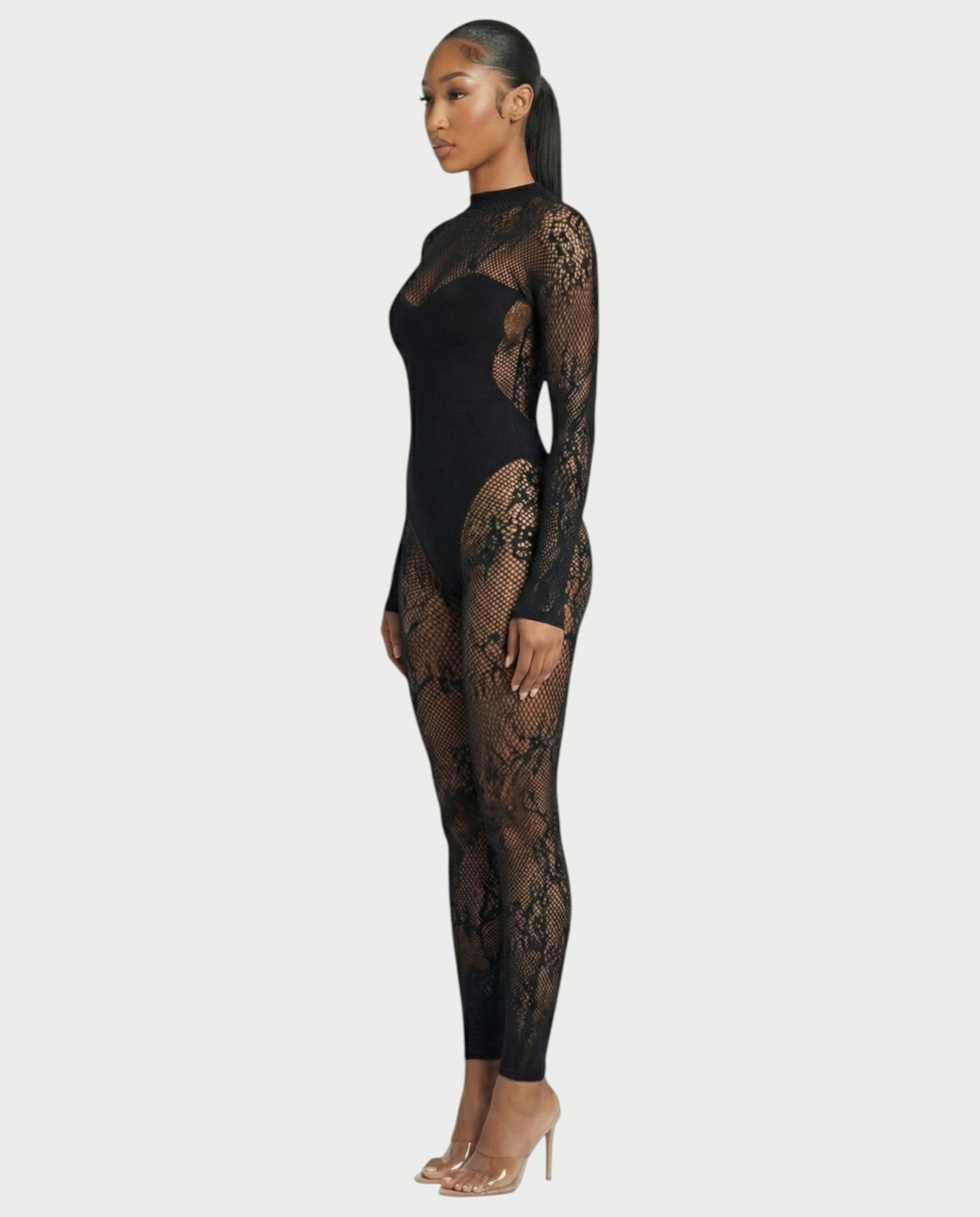 LARYA Sheer Lace Mesh Net Jumpsuit