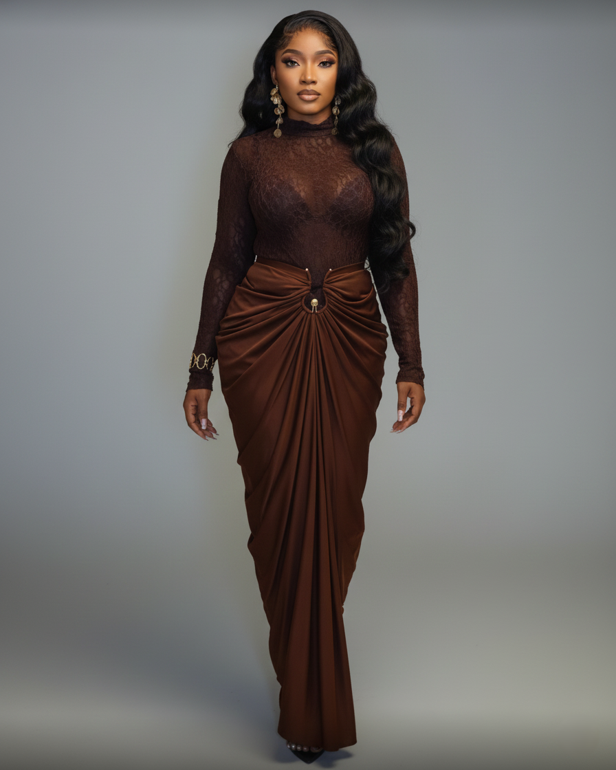SUNNA High-Neck Sheer Lace Maxi Dress