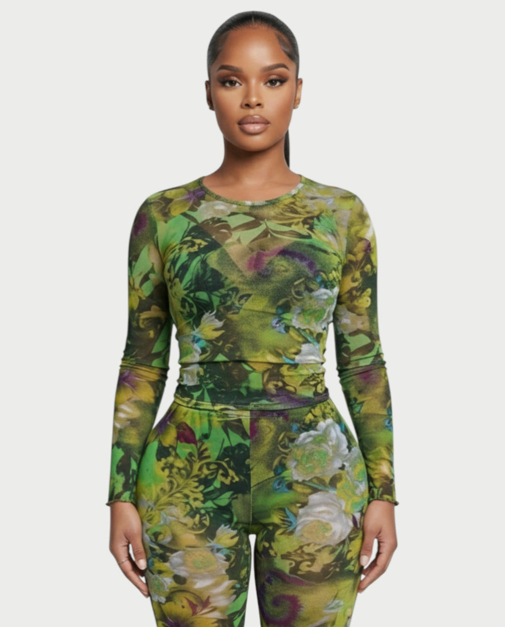SANNA Floral Mesh Long Sleeve Top & Pants Set