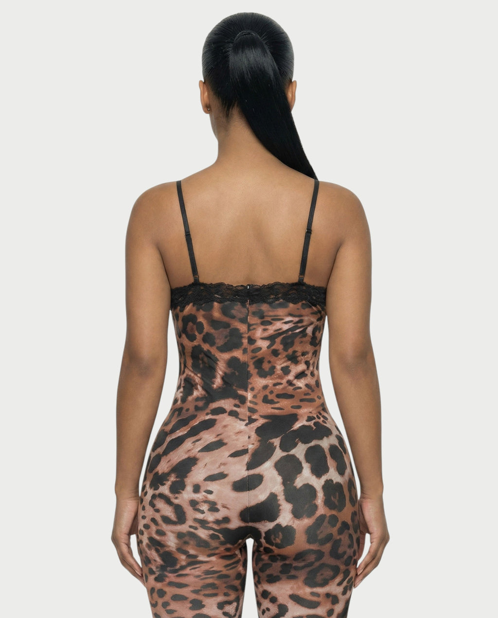 VALIE Leopard Print Lace Trim Jumpsuit