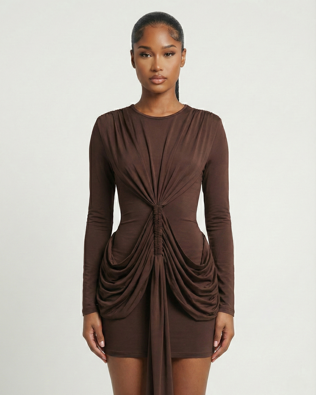 ORIYA Front Knot Long-Sleeve Mini Dress