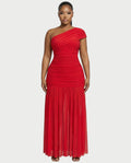 VAREN One-Shoulder Ruched Mesh Maxi Dress