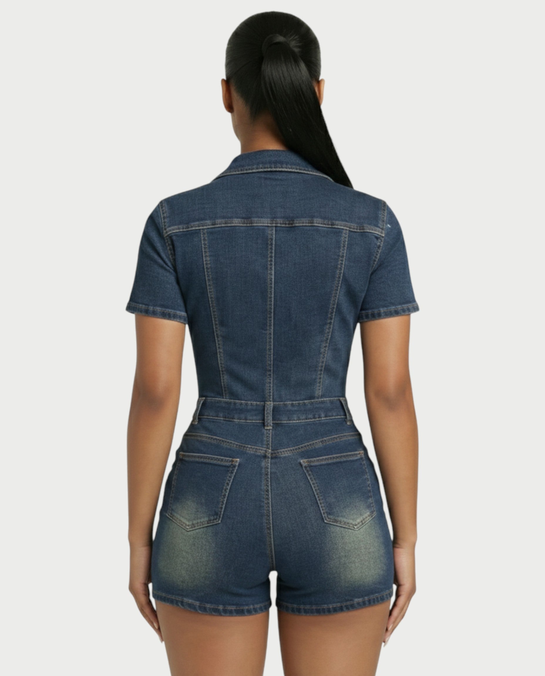 FRANCE Collared Button-Up Denim Jumpsuit