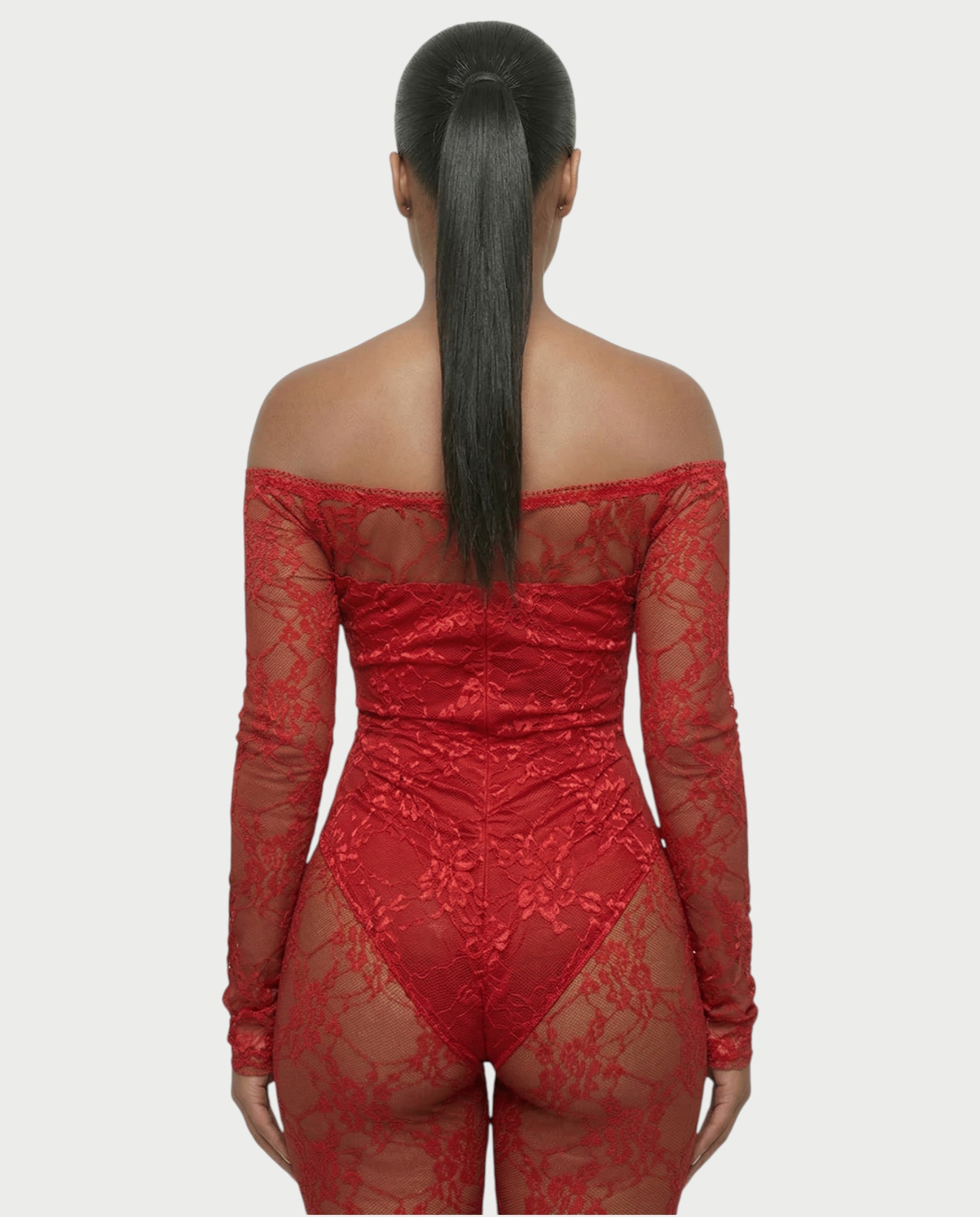 RAMILA Off-Shoulder Sheer Lace Top & Flared Pants Set