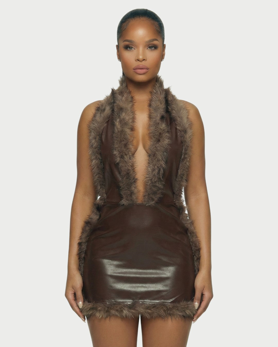 GIVELLE Faux Fur Trim Leather Mini Dress