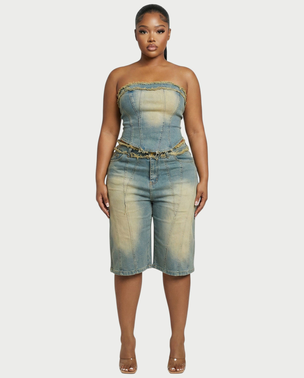 ZYNE Washed Denim Tube Top & Bermuda Shorts Set