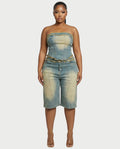 ZYNE Washed Denim Tube Top & Bermuda Shorts Set