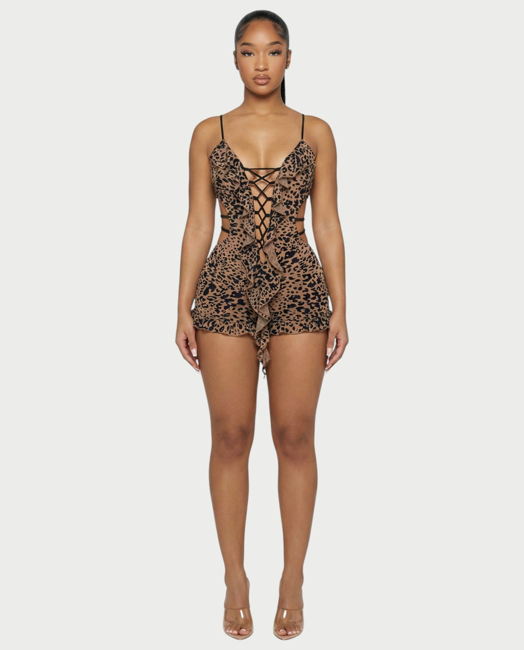 NYLA Leopard Velvet Ruffle Romper
