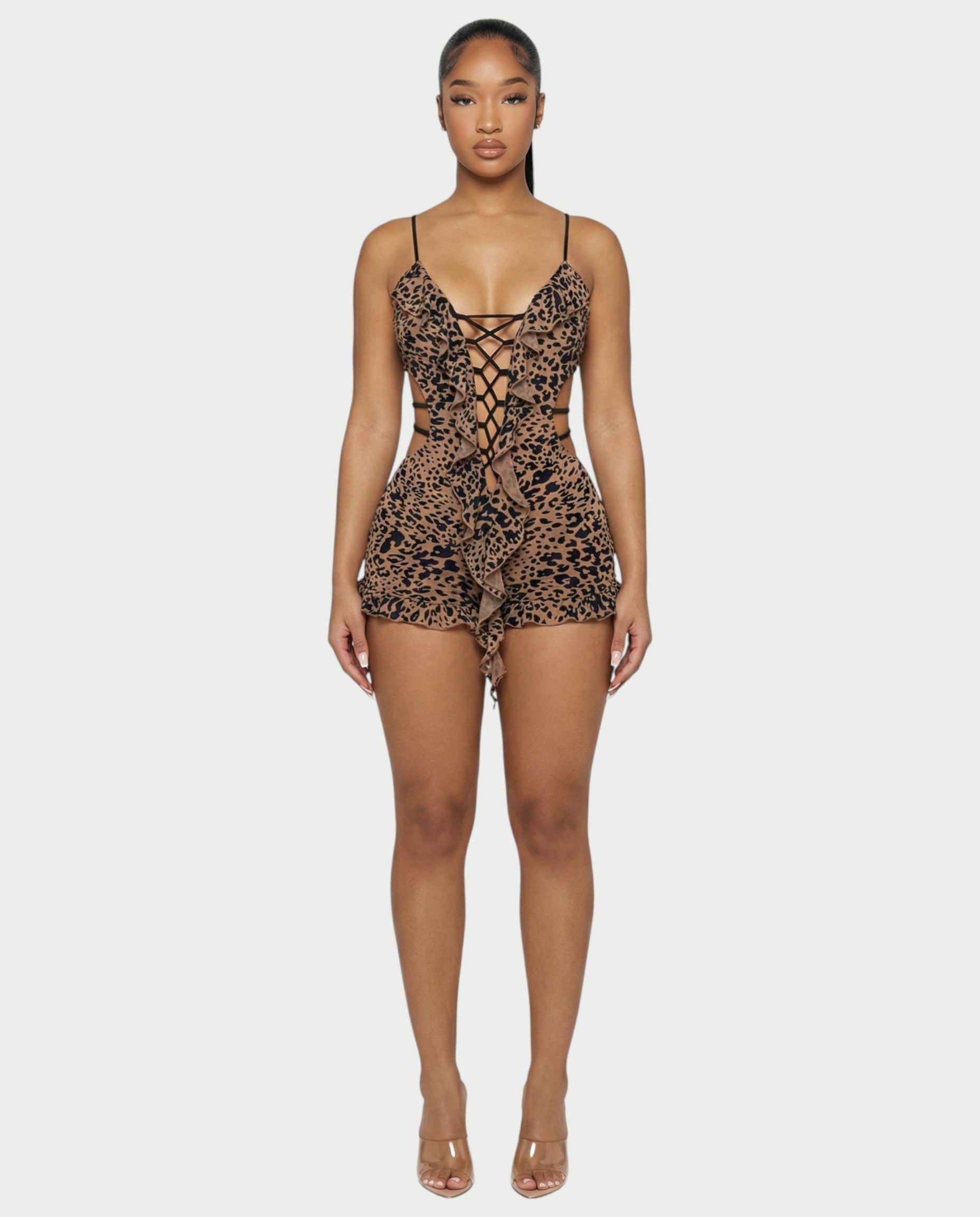 NYLA Leopard Velvet Ruffle Romper