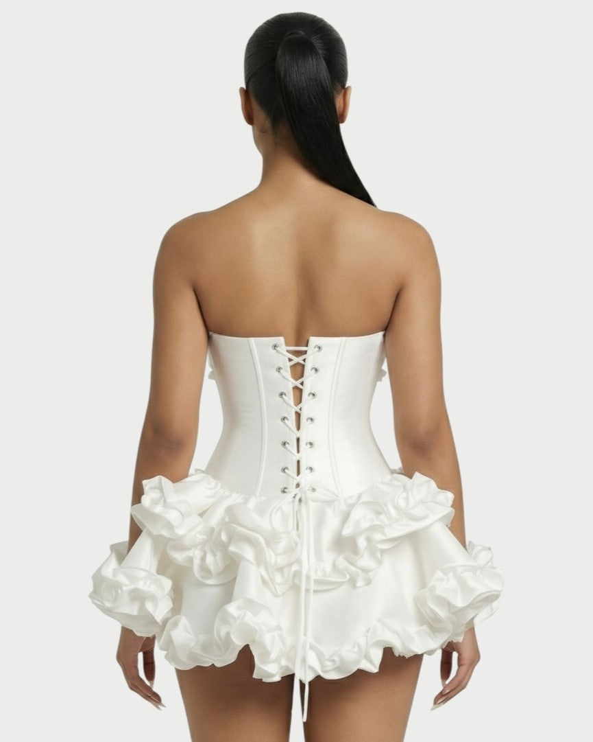 ZERELA Strapless Corset Ruffle Hem Mini Dress