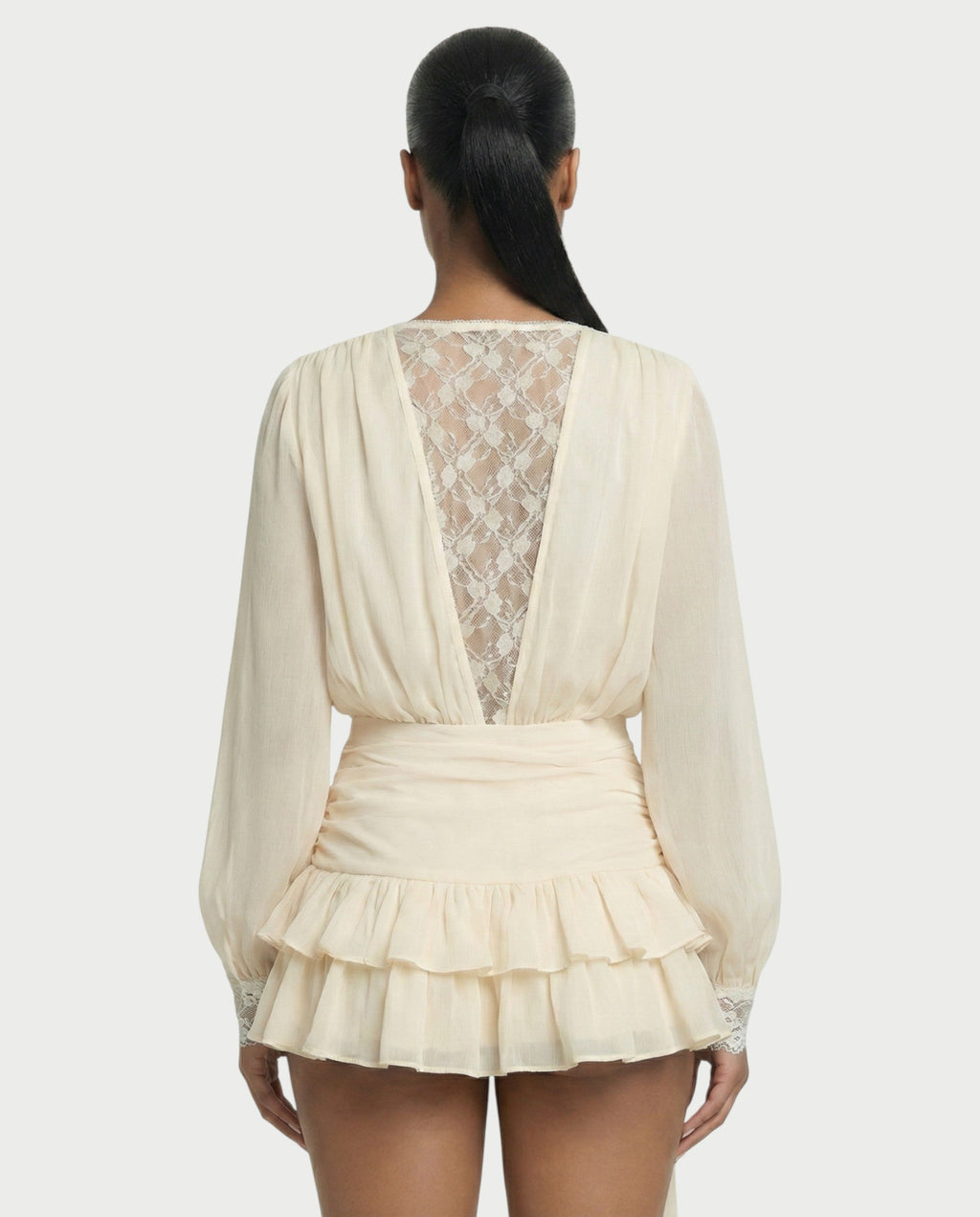 LORIELLE Sheer Lace-Trim V-Neck Chiffon Mini Dress